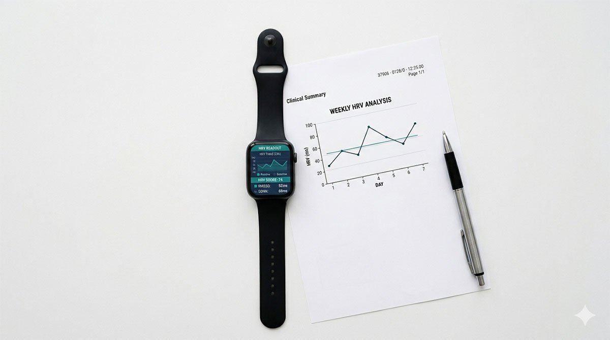 HRV smartwatch readout and weekly heart rate variability analysis chart